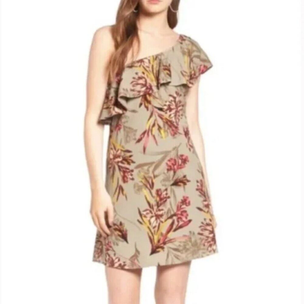 ASTR Floral Print One Shoulder Ruffle Mini Dress